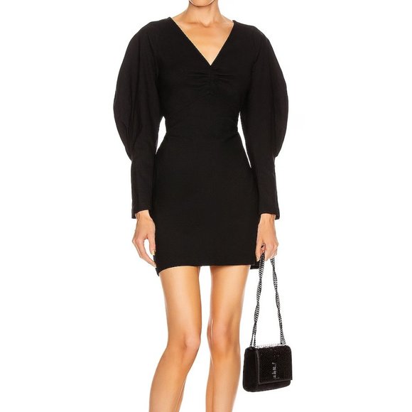A.L.C. Dress Women 4 Black Alia Linen Stretch Blend Long Puff Sleeve V-Neck Mini - Picture 1 of 14